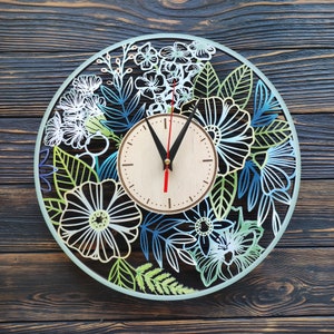 Green Flowers Wall Clock Boho Home Decor Unique Floral Art Best Birthday Christmas Housewarming Gift Personalized Large Farmhouse Clock