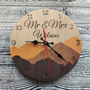 Large Personalized Wall Clock Unique Wedding 5th Anniversary Engagement Houswerming Gift For Couple Wood Mountain Art Family Name Wall Sign
