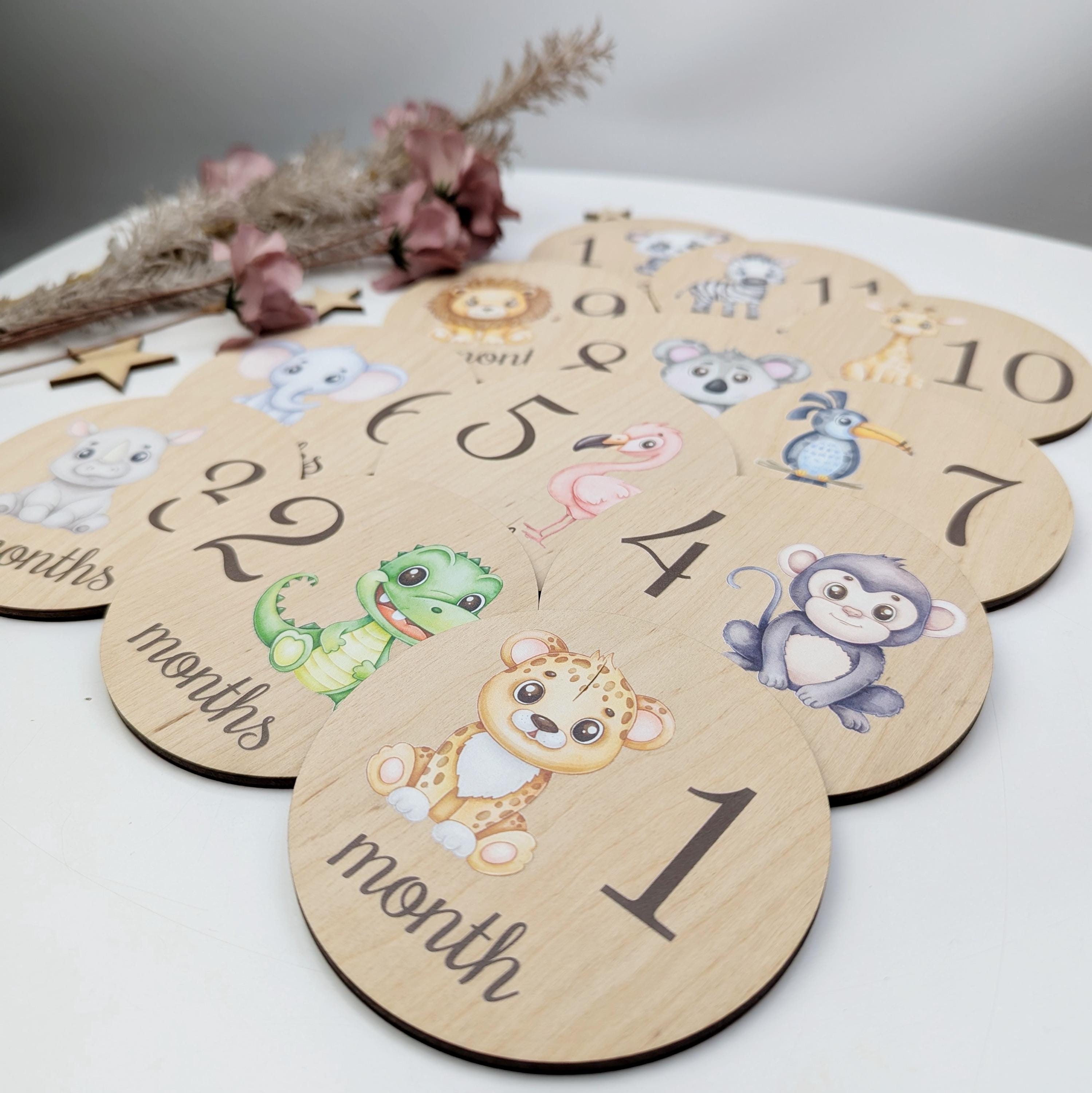 Cute Safari Animals Milestone Cards Monthly Baby Growth Disks Wooden ...