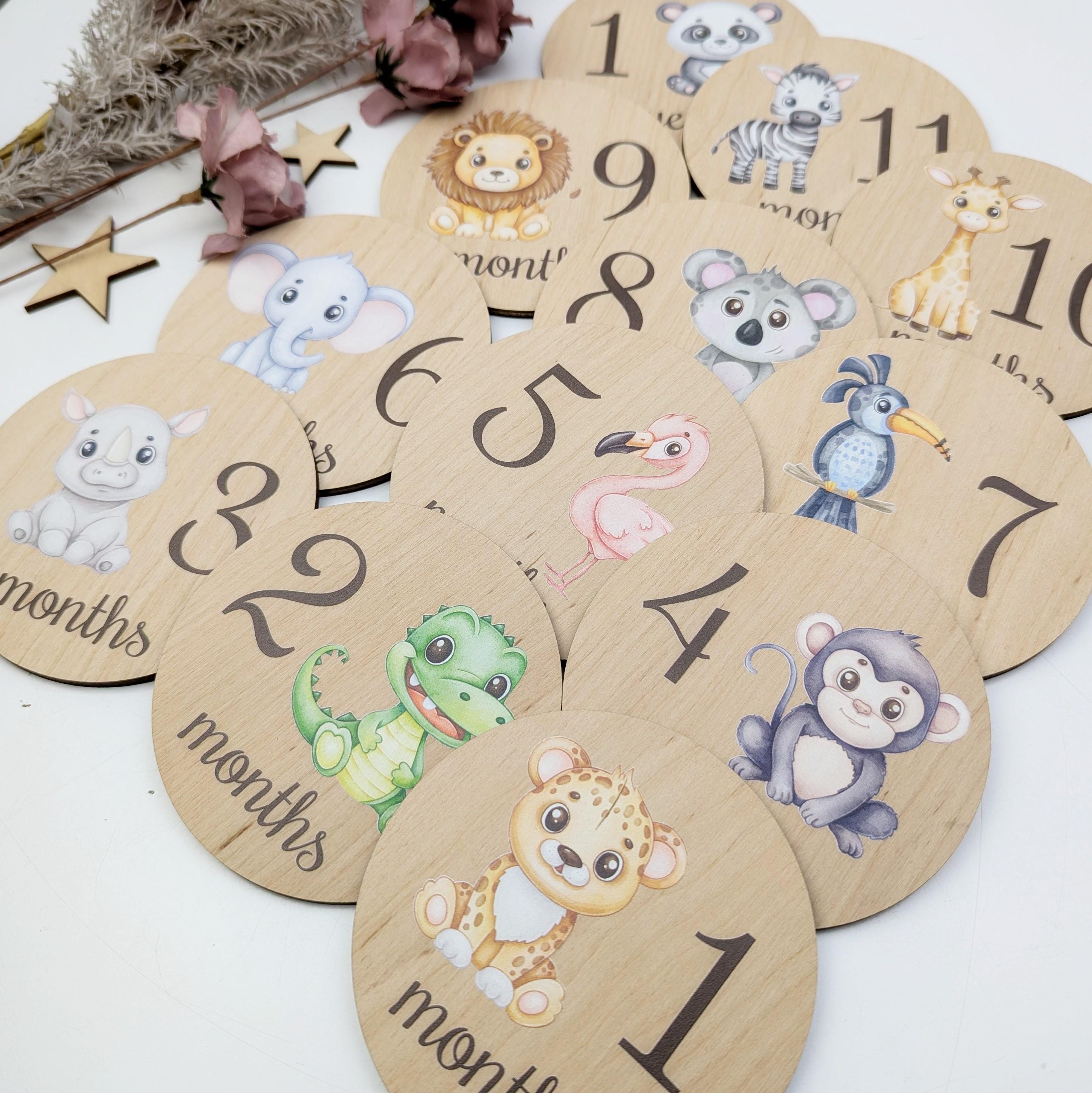 Cute Safari Animals Milestone Cards Monthly Baby Growth Disks Wooden ...