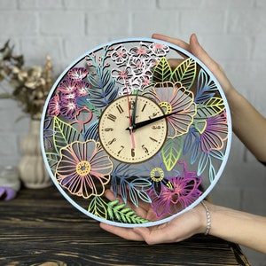 Unik väggklocka med blommor Boho trä Heminredning Kök Vardagsrum Personlig present Henne Honom Födelsedag Jul Inflyttningsblommor Väggkonst