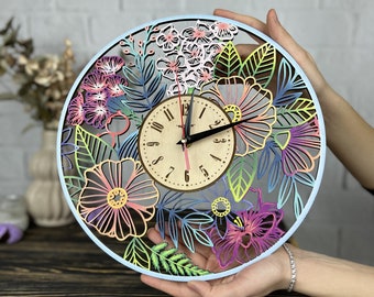 Unique Flowers Wall Clock Boho Wood Home Decor Kitchen Living Room Personalized Gift Her Him Birthday Christmas Housewarming Floral Wall Art