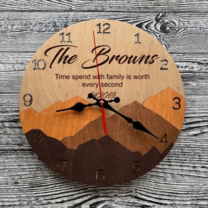 Unique Couple Gift 5th Anniversary Wedding Housewarming Personalized Mountain Wall Clock Kitchen Living Room Bedroom Wood Decor Family Sign