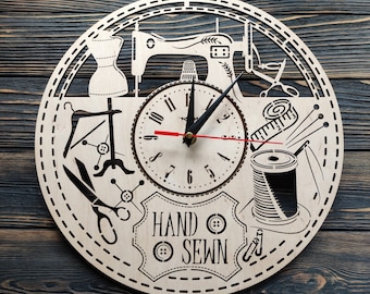 Large Silent Sewing Wall Clock, Personalized Seamstress & Tailor Gift, Custom Wood Decor