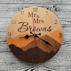 Personalized Wall Clock Unique 5th Anniversary Valentines Day Wedding Gift Custom Couple Name Sign Wood Home Decor Large Mountain Wall Clock