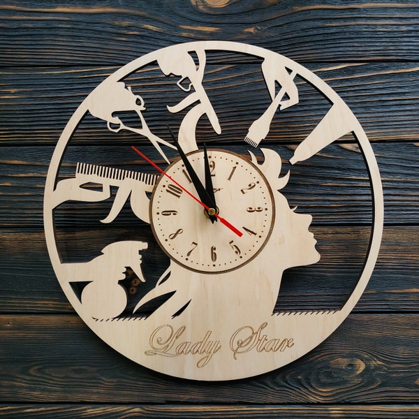 Horloge murale personnalisée pour salon de coiffure avec logo, décoration en bois unique pour salon de beauté, coiffure pour femme, grande horloge artistique en bois personnalisée