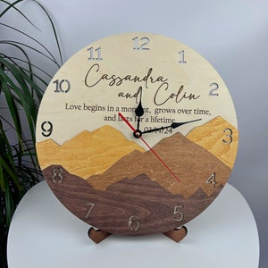 Personalized Couple Name Wall Clock Unique Mountain Kitchen Living Room Bedroom Decor Wood Gift Housewarming 5 Anniversary Wedding Christmas