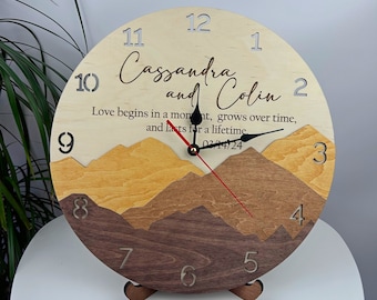 Personalized Couple Name Wall Clock Unique Mountain Kitchen Living Room Bedroom Decor Wood Gift Housewarming 5 Anniversary Wedding Christmas