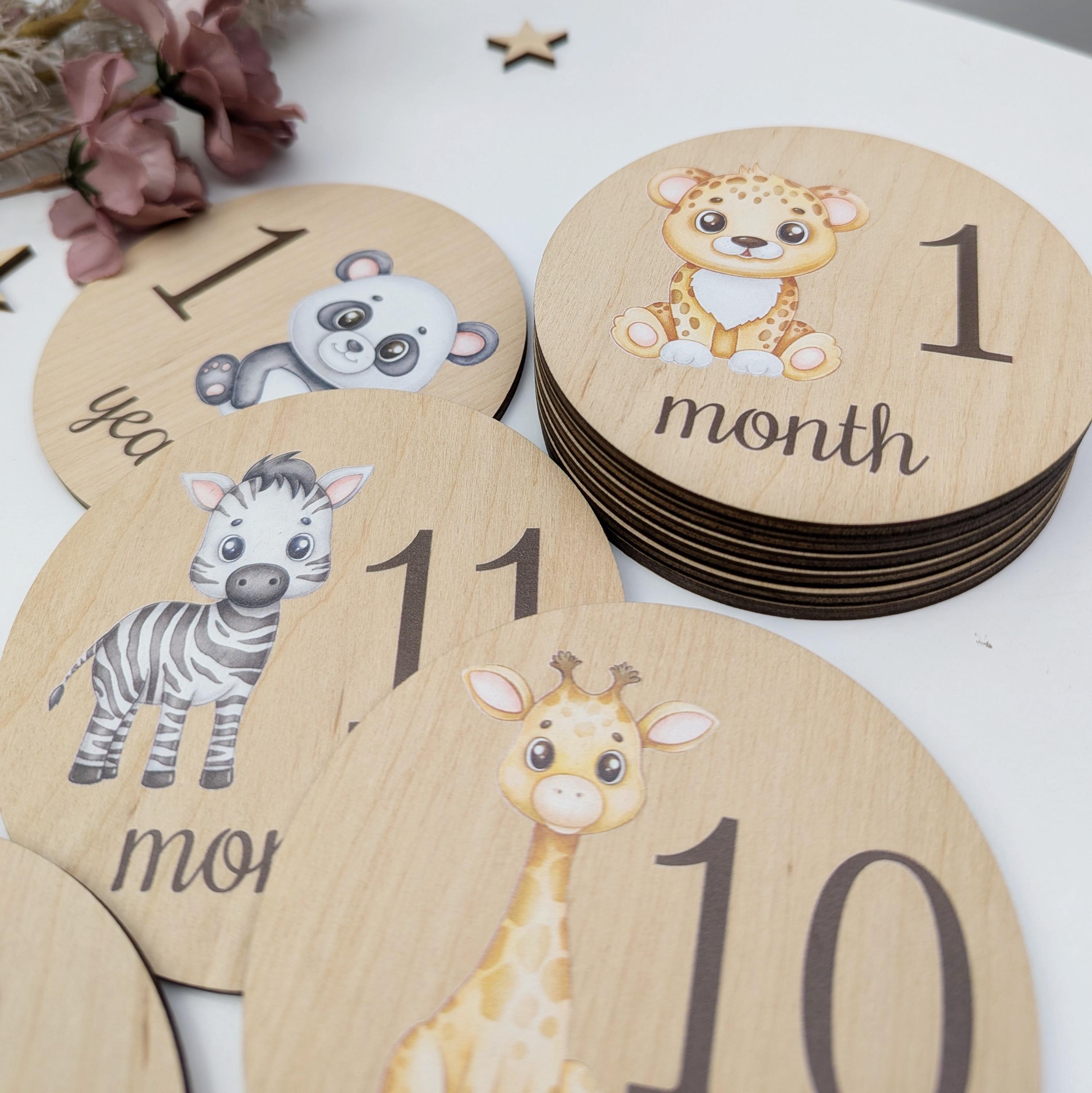 Cute Safari Animals Milestone Cards Monthly Baby Growth Disks Wooden ...