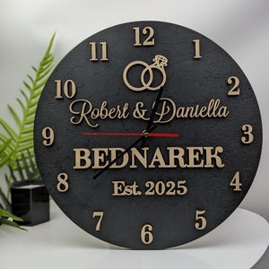 Unique Wall Clock Custom 5th Anniversary Gift Couple Name Sign Wooden Home Decor Personalized Large Black Clock Wedding Engagement Gift