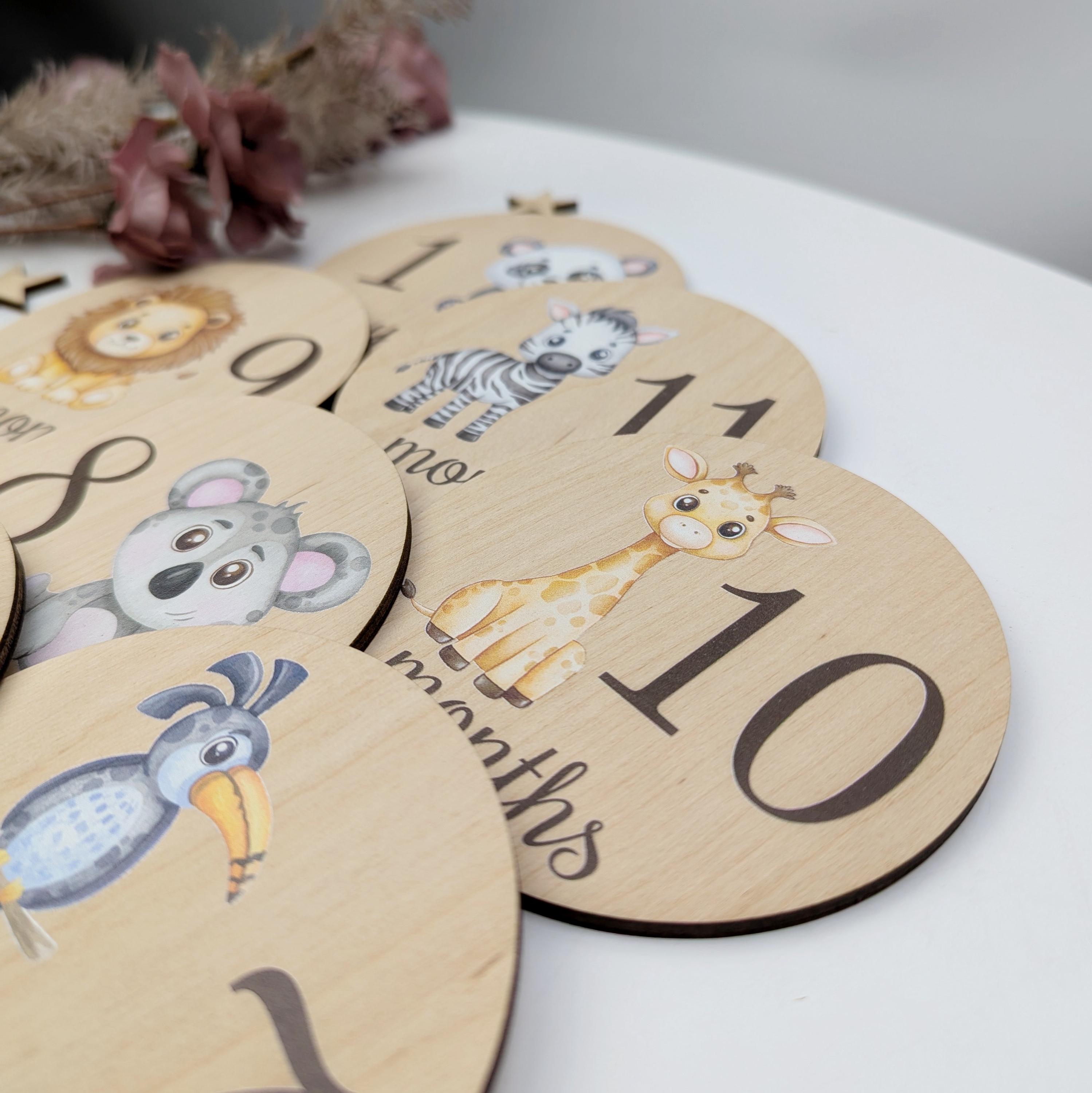 Cute Safari Animals Milestone Cards Monthly Baby Growth Disks Wooden ...