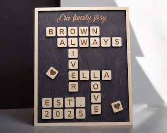 Family name puzzle, Wooden personalized sign, Custom crossword, 5th anniversary gift, Scrabble puzzle, Wall Home Decor