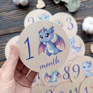 Juego de 12 tarjetas con adorables dragones para hitos de crecimiento mensual de bebés, discos de madera con números y animales, tarjetas para el primer año, regalo para baby shower.