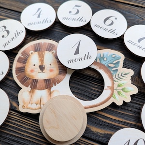 Cartes jalons lions tropicaux, disques mensuels pour la croissance de bébé, souvenirs en bois, ensemble de numéros d'animaux de safari, cartes de première année, cadeau nouveau-né, accessoires photo