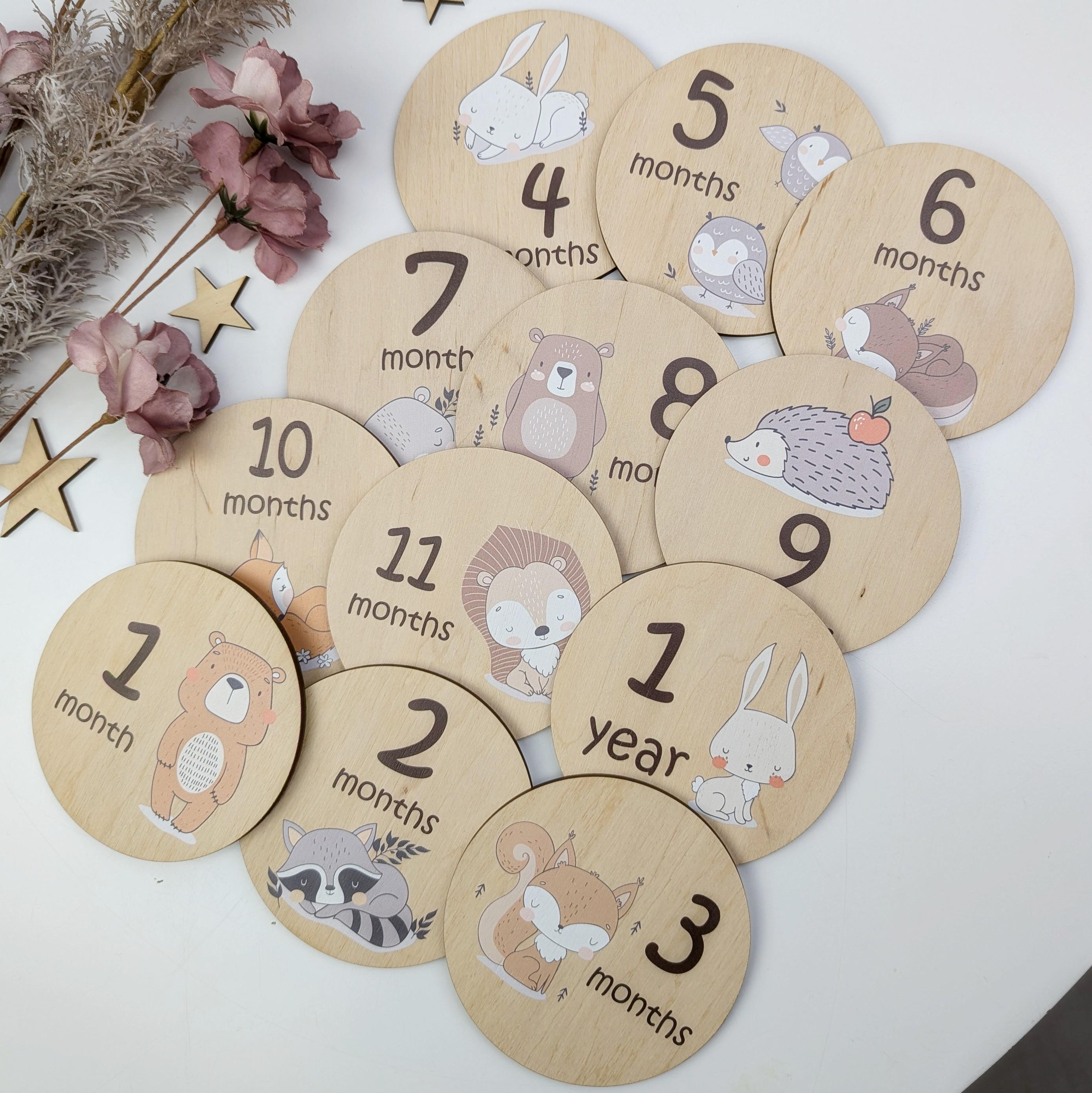 Milestone Cards for Boy Girl Monthly Baby Growth Disks Wooden Keepsake ...