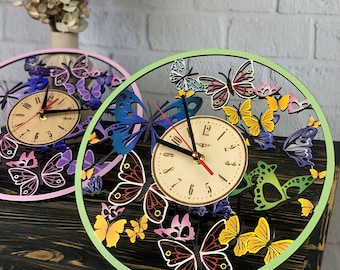 Large Green Butterfly Wall Clock Battery Operated Unique Wood Gift Housewarming Birthday Christmas Aesthetic Home Decor Farmhouse Room Decor