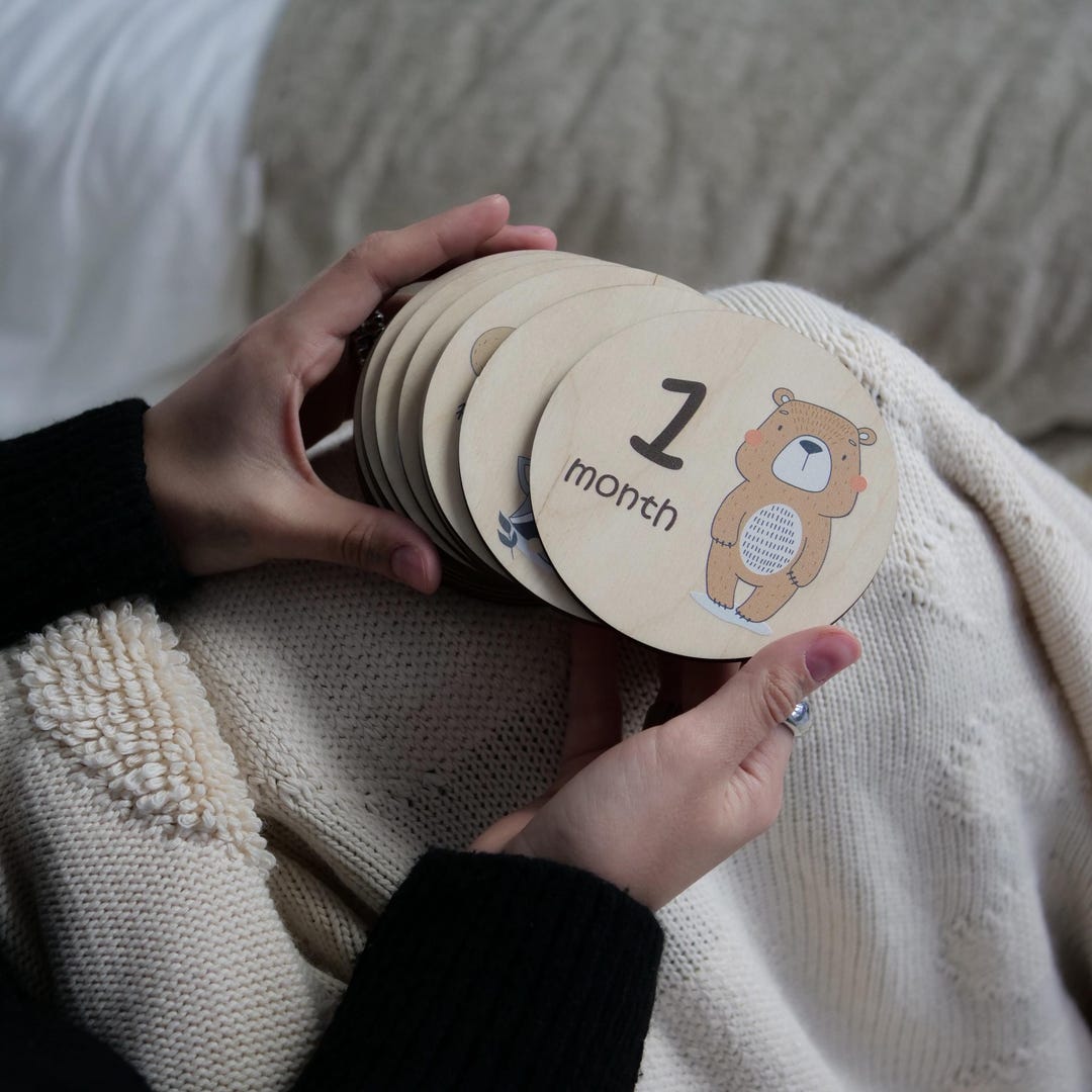 Milestone Cards for Boy Girl Monthly Baby Growth Disks Wooden Keepsake ...