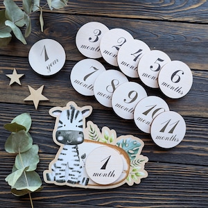 Tropische zebra mijlpaalkaarten Maandelijkse groeischijven voor baby's Houten aandenkens Safari Dier Cijfers Set Eerstejaarskaarten Cadeau pasgeboren foto props