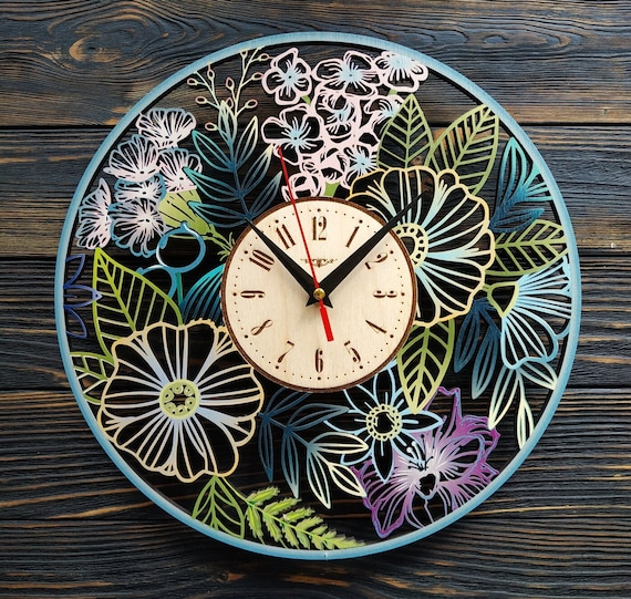 Colored Blue Flowers Wall Clock Battery Operated Best Floral Gift for Him and Her Birthday Christmas Flowers Unique Wood Wall Art for Home