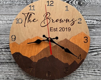 Personalized 5th Anniversary Gift Wood Mountain Wall Clock Unique Kitchen Living Room Bedroom Decor Couple Family Gift Housewarming Wedding