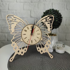 Large Butterfly Wall Clock Battery Operated Wood Home Office Dorm Decor Unique Gift Birthday Christmas 5 th Anniversary Personalized Art