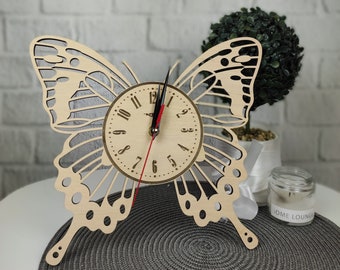 Large Butterfly Silent Wall Clock, Wood Home Decor, Personalized Gift