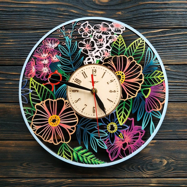 Horloge murale fleurs roses à piles Meilleur cadeau pour lui, son anniversaire, Noël, pendaison de crémaillère, décoration murale en bois unique, horloge murale bohème