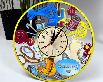 Large Hand Painted Sewing Wall Clock, Custom Wood Atelier Decor, Seamstress & Tailor Personalized Gift