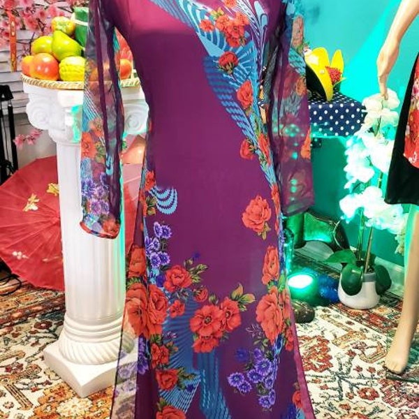 Vietnamese dress Ao Dai long dress abc 4 layers purple design S - xxxl