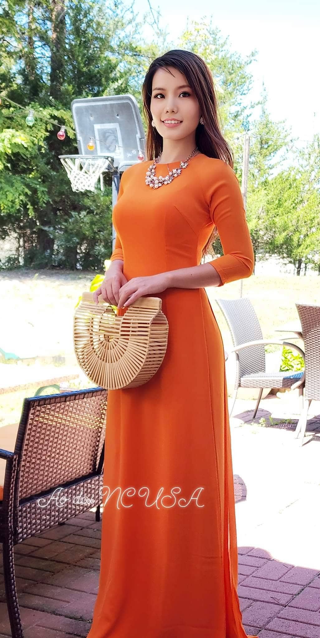 Vietnamese dress Ao Dai long dress S double layers orange