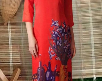 Vietnamese dress Ao Dai cach tan dress 4 layers design modern red ao dai tet 2023