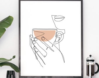 Coffee line art, woman with coffee, digital download, hands line art, woman one line drawing, abstract coffee art, earth tone wall art