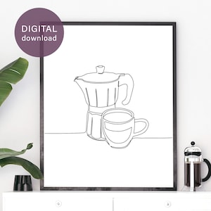 Moka pot and cup one line coffee drawing, coffee line art printable, minimalist kitchen print, coffee lover gift, coffee poster