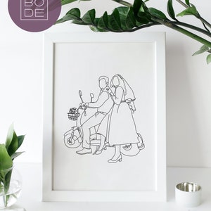 Pode incluir: Um desenho a preto e branco de um casal a andar de scooter. A mulher est&aacute; a usar um v&eacute;u e o homem est&aacute; a usar um fato. O desenho est&aacute; sobre um fundo branco.