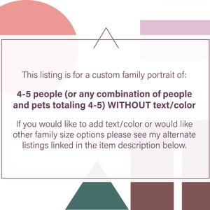 Pode incluir: Uma caixa de texto branca com borda preta, sobre um fundo de formas geom&eacute;tricas rosa, verde e marrom. O texto diz: "Esta listagem &eacute; para um retrato de fam&iacute;lia personalizado de: 4-5 pessoas (ou qualquer combina&ccedil;&atilde;o de pessoas e animais de estima&ccedil;&atilde;o que totalizem 4-5) SEM texto/cor. Se voc&ecirc; gostaria de adicionar texto/cor ou gostaria de outras op&ccedil;&otilde;es de tamanho familiar, consulte minhas listagens alternativas vinculadas na descri&ccedil;&atilde;o do item abaixo."