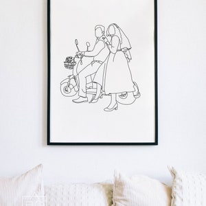 Pode incluir: Desenho de linha de um casal a andar de scooter. A mulher est&aacute; a usar um vestido e um v&eacute;u, e o homem est&aacute; a usar um fato. A scooter tem um cesto na frente.