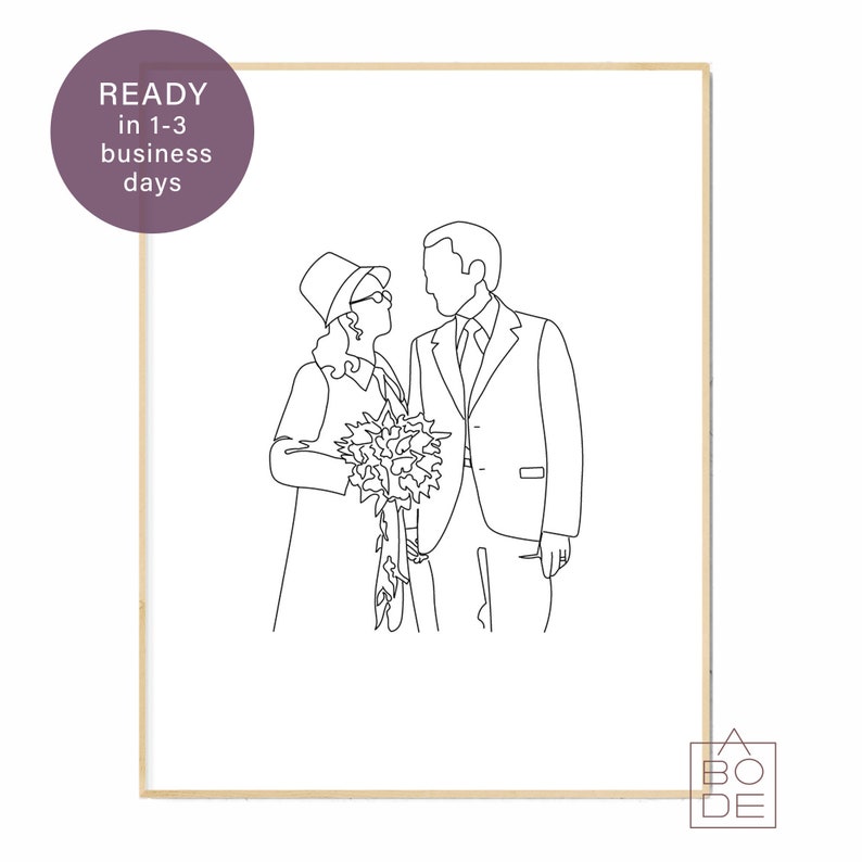 Pode incluir: Desenho de linha de um casal, uma mulher de chap&eacute;u segurando um buqu&ecirc; de flores e um homem de terno, sobre um fundo branco.