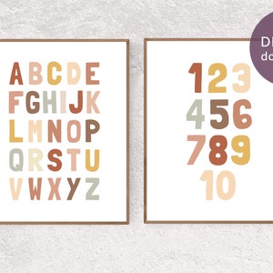 Alphabet number print, set of 2, nursery art neutral, digital download, alphabet numbers poster, educational wall art, kids room decor
