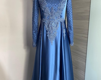 Robe de demoiselle d'honneur de soirée en satin bleu, robe de soirée, robe longue maxi modeste au sol, élégante robe de broderie cousue à la main