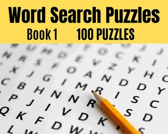 Może przedstawiać: Książka z łamigłówkami wyszukiwania słów zatytułowana "Word Search Puzzles Book 1" z napisem "100 Puzzles". Żółty ołówek spoczywa na układance. Na dole obrazu znajduje się tekst "PDF do wydruku, pobieranie cyfrowe, rozwiązania w zestawie" i ikona PDF.