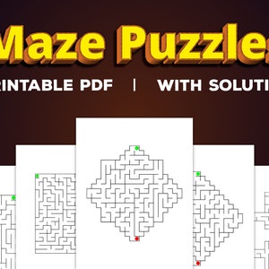 Puede incluir: Rompecabezas de laberintos imprimibles con soluciones. El título "Maze Puzzles" está en letras 3D amarillas. El texto "PRINTABLE PDF | WITH SOLUTION" está debajo. Los laberintos son líneas negras sobre papel blanco.