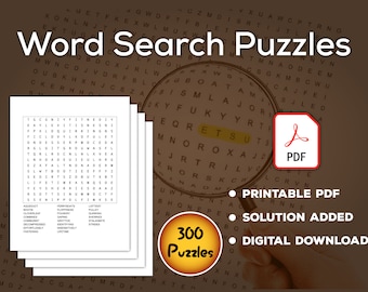 Może przedstawiać: Stos arkuszy z łamigłówkami wyszukiwania słów z lupą nad siatką wyszukiwania słów. Obraz zawiera tekst "Word Search Puzzles", "PDF do wydruku", "Rozwiązanie dodane", "Pobieranie cyfrowe" i "300 zagadek".