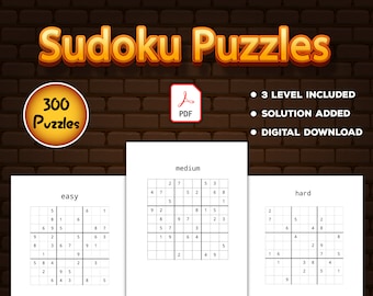 300 Sudoku-pussel med lösningar, Sudoku utskrivbar digital nedladdning i PDF-format, pusselaktivitet utskrivbar för barn och vuxna, lätt, medelsvår, svår