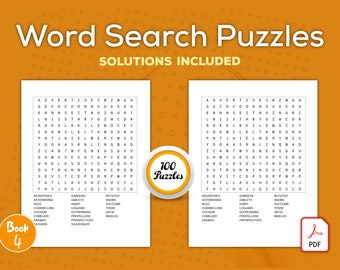 100 Word Search Puzzles with Solutions - Book 4 Instant Digital Download. Custom Word Find. Family Word Search. Classroom Word Search