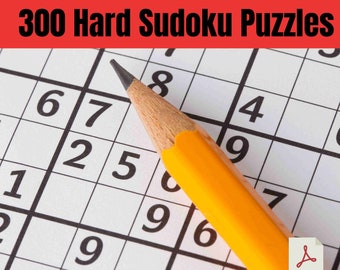 May include: A yellow pencil lies across a Sudoku puzzle, with the grid and numbers visible. The text "300 Hard Sudoku Puzzles" is displayed in red at the top. The image also includes the text "PDF Download".