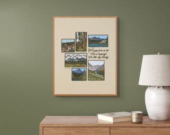 Op de afbeelding: Een ingelijst drukwerk met een beige achtergrond en een collage van zes geïllustreerde landschapsscènes. De tekst "For from Him and to Him and through Him are all things" is in zwart onder de afbeeldingen gedrukt.