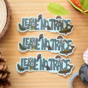 May include: Three stickers with the text "LEAVE NO TRACE" in a light blue color, decorated with illustrations of ferns, butterflies, mushrooms, flowers, and fish. The stickers are on a wooden surface with a pine cone, tape rolls, and a tree slice.