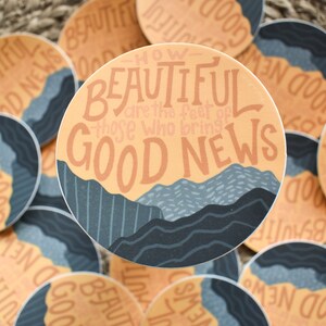 Good News Sticker | Isaiah 52:7 Bible Verse Sticker | Gospel Faith Decal | Mountain Design Christian Vinyl Decal for Laptop & Water Bottle