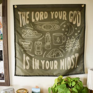 Zephaniah 3:17 Scripture Banner | Camping Flag with Inspirational Bible Verse | Christian and Nature Wall Decor for Home
