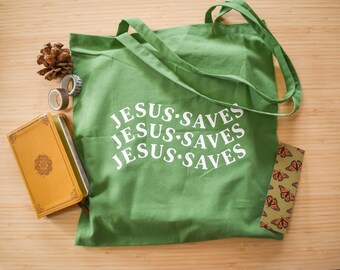 Jesus Saves Tote Bag: Hand-Drawn Screen-Printed Cotton Canvas